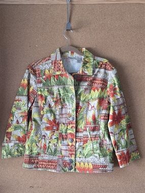 Chico’s Cotton Leaf Print Stretch Jacket Size 1 (M/L) Multicolor Artsy Monkeys